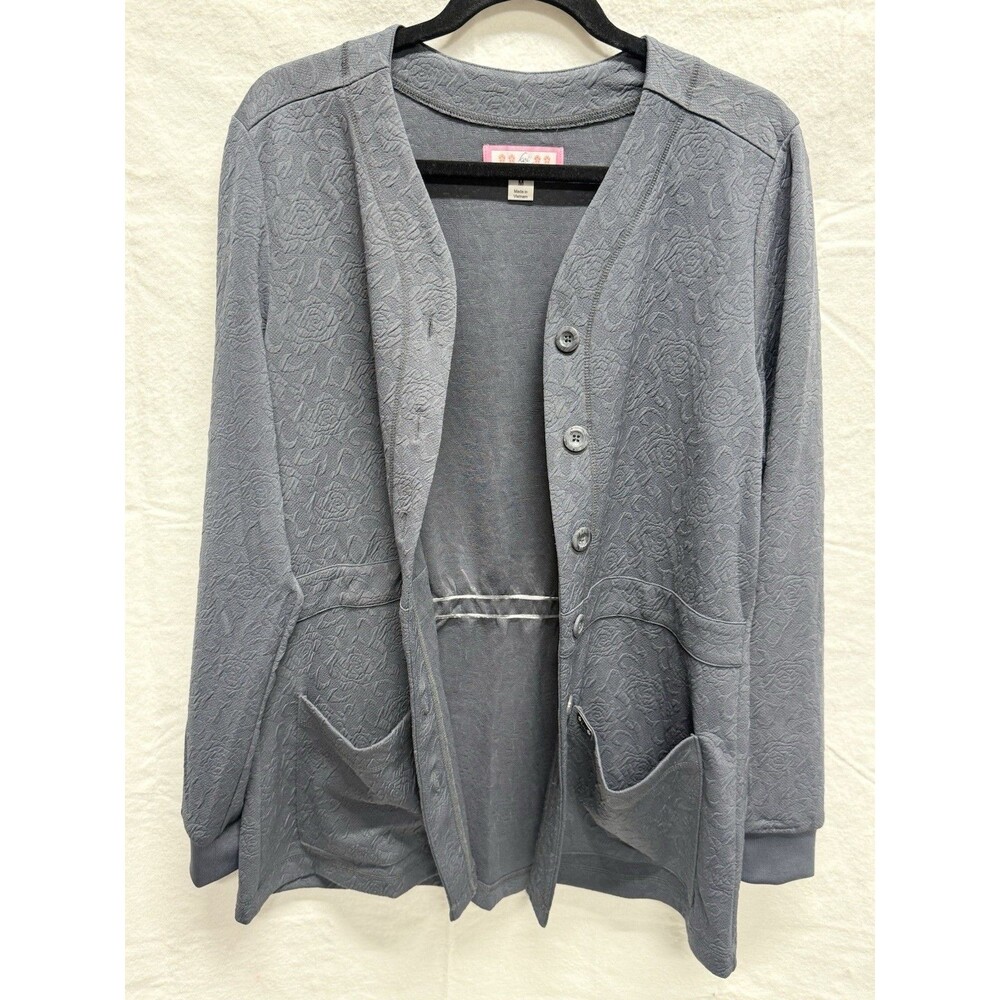 Women's Koi Brand Knit Jacket Button Up Fitted Waist Pockets Stretch Charcoal